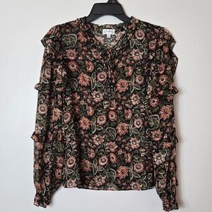 Wonderly Womens Large Floral Ruffle Tiered Long Sleeve Blouse Black Rust Green